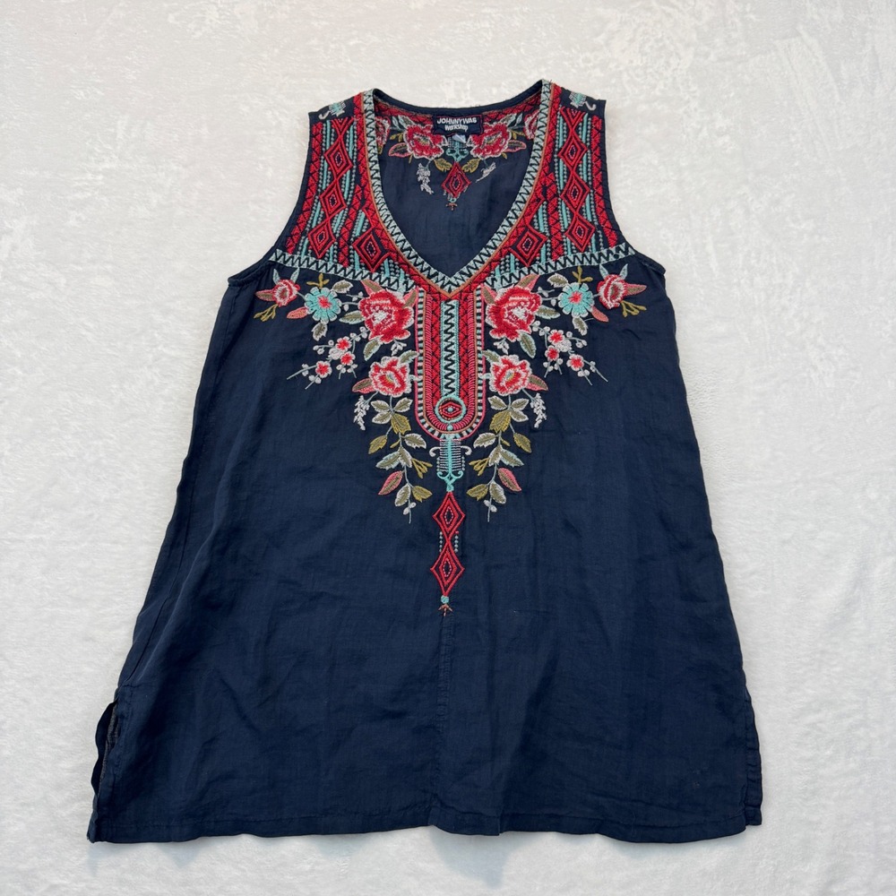 Johnny Was Workshop Navy Blue Embroidered Ramie Sleeveless Tunic Top W17820-4 XS
